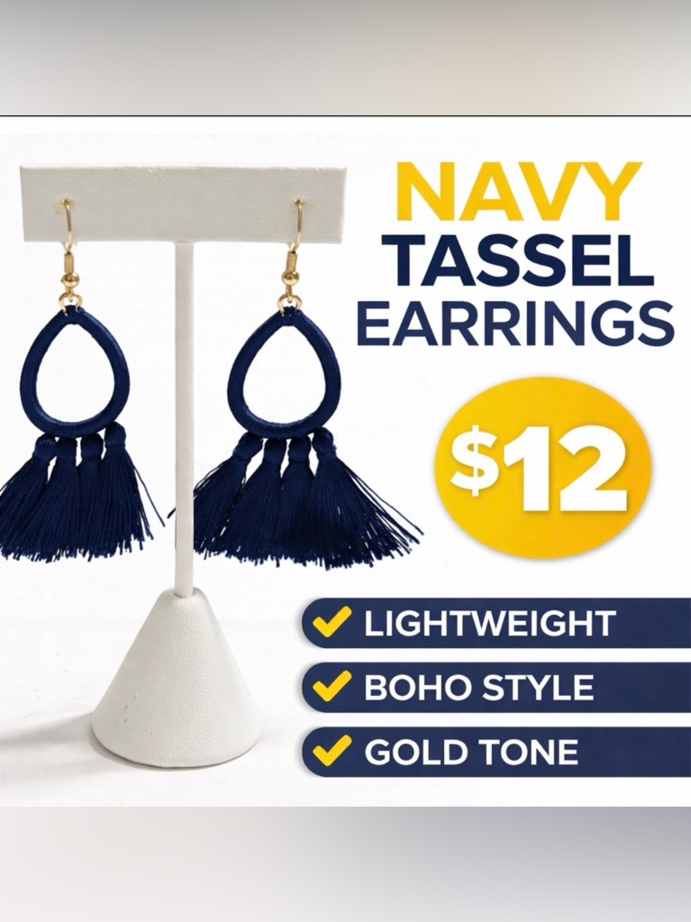 Navy Blue Tassel Drop Earrings Boho Gold Tone Lightweight - New